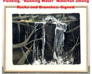 Lot 2058 KATE McGLOUGHLIN Mixed Media Painting. Running Water Waterfall among Rocks and Branches. Signed.