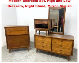 Lot 1972 4pc JOHNSON CARPER American Modern Bedroom Set. High and Low Dressers, Night Stand, Mirror. Stylish