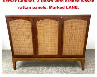 Lot 1950 LANE American Modern Walnut Server Cabinet. 3 Doors with arched woven rattan panels. Marked LANE.