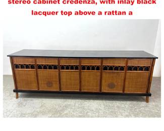 Lot 1993 MidCentury rattan and bamboo stereo cabinet credenza, with inlay black lacquer top above a rattan a