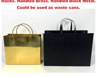 Lot 2022 2pc Metal Tote Bag Magazine Racks. Handled Brass. Handled Black Metal. Could be used as waste cans.