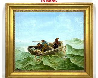 Lot 2166 Signed painting on canvas. Men in boat.