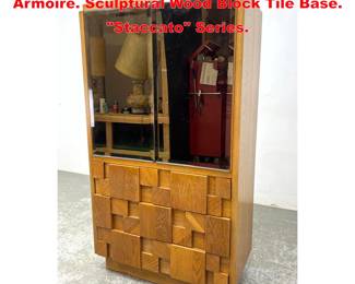 Lot 2055 LANE Brutalist Oak Mirrored Door Armoire. Sculptural Wood Block Tile Base. Staccato Series.