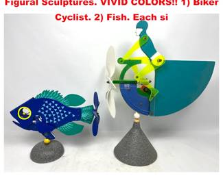 Lot 2150 2pc Mechanical Whirligig style Figural Sculptures. VIVID COLORS 1 Biker Cyclist. 2 Fish. Each si