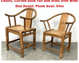 Lot 2073 2pc Vintage Asian Wood Arm Chairs. Curved back rail and arms with Wide Slat Detail. Plank Seat. Chin
