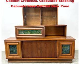 Lot 1690 3 Part Walnut Modernist Display Cabinet Credenza. Graduated Stacking Cabinets have Colored Door Pane