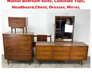 Lot 2091 Five Piece Mid Century Modern Walnut Bedroom Suite, Laminate Tops, Headboard,Chest, Dresser, Mirror,