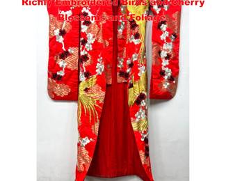 Lot 2188 Japanese Red Wedding Kimono. Richly Embroidered Birds and Cherry Blossoms and Foliage.