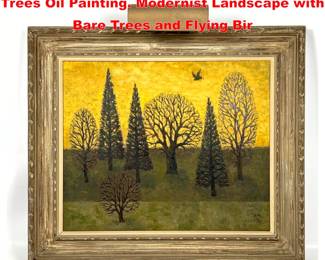 Lot 1708 MICHAEL KUNCEVICH Fall Winter Trees Oil Painting. Modernist Landscape with Bare Trees and Flying Bir