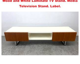 Lot 2050 CALLIGARIS Italian Contemporary Wood and White Laminate TV Stand. Media Television Stand. Label.