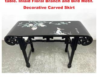 Lot 2192 Asian Ebonized Wood Console Hall table. Inlaid Floral Branch and Bird Motif. Decorative Carved Skirt