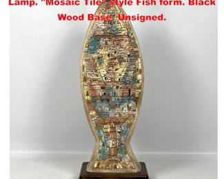 Lot 1981 Sascha Brastoff attribution Pottery Lamp. Mosaic Tile style Fish form. Black Wood Base. Unsigned.