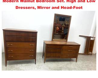 Lot 1715 4pc Saga by BROYHILL American Modern Walnut Bedroom Set. High and Low Dressers, Mirror and HeadFoot