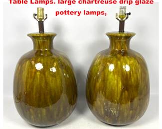 Lot 1713 Pair Mid Century Modern Bulbous Table Lamps. large chartreuse drip glaze pottery lamps,