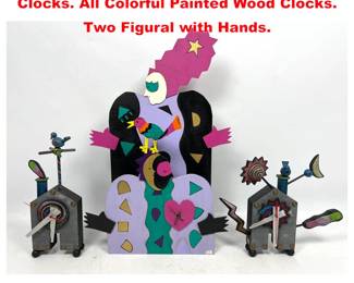 Lot 2152 Collection 4 American Craft Studio Clocks. All Colorful Painted Wood Clocks. Two Figural with Hands.