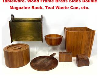 Lot 2063 7pc MCM Lot DANSK Teak Tableware. Wood Frame Brass Sides Double Magazine Rack. Teal Waste Can, etc.