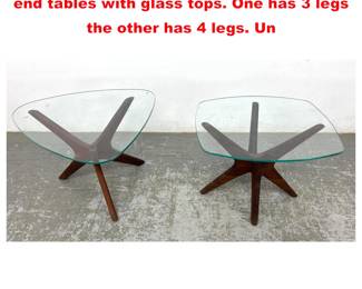 Lot 1747 2pc Adrian Pearsall Walnut Jacks end tables with glass tops. One has 3 legs the other has 4 legs. Un