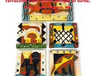 Lot 2122 5pc ELYSE Glazed Figural Animal Terracotta Tiles. Relief designs of turtle, fish, lizard. Signed. NE