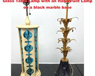 Lot 1943 2pcs Modeline Wood and Blue Glass Table Lamp with an Italian Gilt Lamp on a black marble base