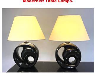 Lot 2028 Pr MCM Black High Gloss Swirl Modernist Table Lamps.