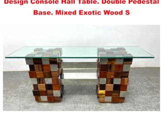 Lot 1802 Stylish Wood and Chrome Block Design Console Hall Table. Double Pedestal Base. Mixed Exotic Wood S