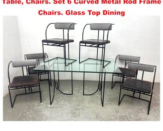 Lot 2020 7pc Rodney Kinsman style Dining Table, Chairs. Set 6 Curved Metal Rod Frame Chairs. Glass Top Dining