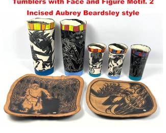 Lot 2123 7pc Artisan Studio Pottery. 5 Tumblers with Face and Figure Motif. 2 Incised Aubrey Beardsley style