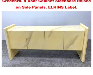 Lot 1756 Modern Faux Marble Lacquered Credenza. 4 Door Cabinet Sideboard Raised on Side Panels. ELKINS Label.
