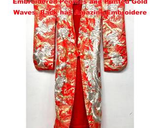 Lot 2190 Japanese Red Wedding Kimono. Embroidered Peonies and Printed Gold Waves. Back has Amazing Embroidere