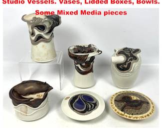Lot 2118 Collection 6pc KIND Art Pottery Studio Vessels. Vases, Lidded Boxes, Bowls. Some Mixed Media pieces