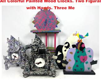 Lot 2153 5pc American Craft Studio Clocks. All Colorful Painted Wood Clocks. Two Figural with Hands. Three Me