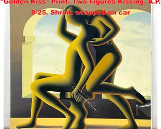 Lot 1806 MARK KOSTABI 1995 Surreal Golden Kiss Print. Two Figures Kissing. A.P. 825. Shrink wrapped on car