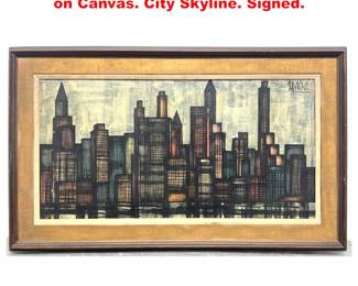 Lot 2095 DH SAVIGNE Midcentury Painting on Canvas. City Skyline. Signed.