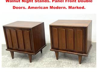 Lot 2077 Pr AMERICAN of MARTINSVILE Walnut Night Stands. Panel Front Double Doors. American Modern. Marked.