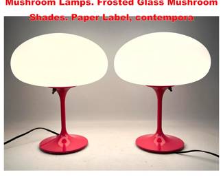 Lot 2027 Pr Hot pink DESIGNLINE Enamel Mushroom Lamps. Frosted Glass Mushroom Shades. Paper Label, contempora