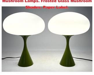 Lot 1967 Pr DESIGNLINE Green Enamel Mushroom Lamps. Frosted Glass Mushroom Shades. Paper Label.