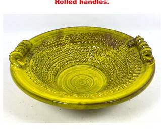 Lot 1655 E HIGGINS Pottery bowl. Green. Rolled handles.
