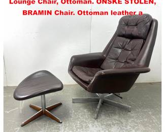 Lot 2023 2pc Danish Modern Brown Leather Lounge Chair, Ottoman. ONSKE STOLEN, BRAMIN Chair. Ottoman leather a