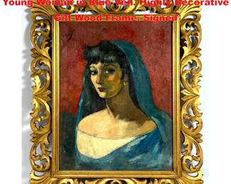 Lot 1722 SERRAT Signed Portrait Painting. Young Woman in Blue Veil. Highly Decorative Gilt Wood Frame. Signed