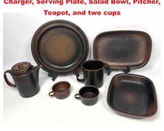 Lot 2126 7pcs Arabia Finland Ruska Pattern Charger, Serving Plate, Salad Bowl, Pitcher, Teapot, and two cups