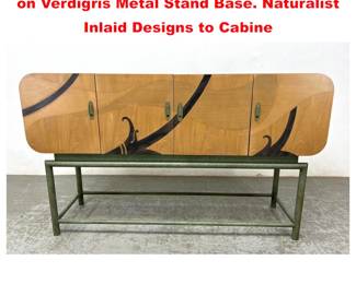 Lot 1800 Modernist Inlaid Credenza Cabinet on Verdigris Metal Stand Base. Naturalist Inlaid Designs to Cabine