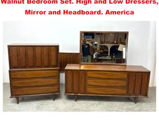 Lot 2076 4pc AMERICAN of MARTINSVILE Walnut Bedroom Set. High and Low Dressers, Mirror and Headboard. America