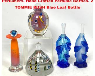 Lot 1649 5pc Artisan Studio Art Glass Perfumers. Hand Crafted Perfume Bottles. 2 TOMMIE RUSH Blue Leaf Bottle