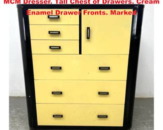 Lot 1965 SIMMONS Black Enameled Metal MCM Dresser. Tall Chest of Drawers. Cream Enamel Drawer Fronts. Marked
