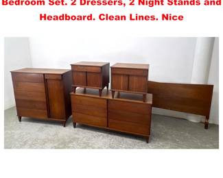 Lot 1937 5pc American Modern Walnut Bedroom Set. 2 Dressers, 2 Night Stands and Headboard. Clean Lines. Nice