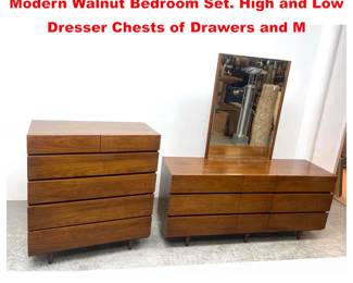 Lot 1716 3pc AMERICAN of MARTINSVILLE Modern Walnut Bedroom Set. High and Low Dresser Chests of Drawers and M