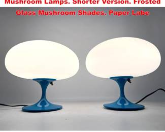Lot 2021 Pr DESIGNLINE Blue Enamel Mushroom Lamps. Shorter Version. Frosted Glass Mushroom Shades. Paper Labe