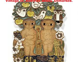 Lot 1694 Adam and Eve ceramic plaque. Vintage St. Andrews Abbey. Unmarked.