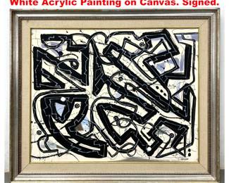 Lot 1853 DENNIS SAKELSON Abstract Black White Acrylic Painting on Canvas. Signed.