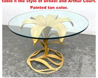 Lot 1958 Aluminum Lily round glass side table n the style of Drexel and Arthur Court. Painted tan color.